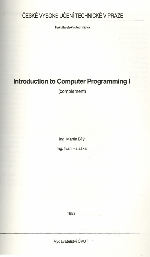 Introduction to computer programming. [Díl] I, (complement)