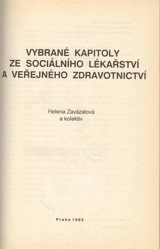 Vybrané kapitoly ze sociálního lékařství a veřejného zdravotnictví
