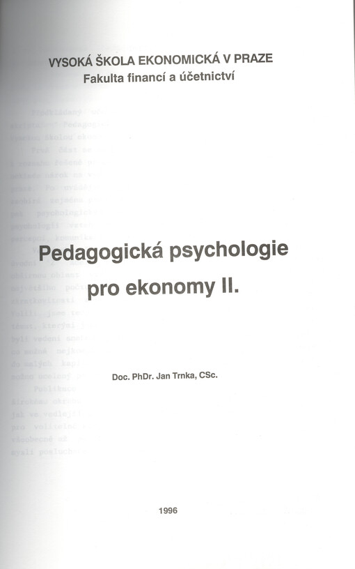 Pedagogická psychologie pro ekonomy. II.