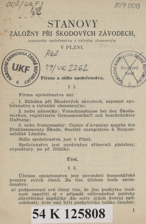 Stanovy Záložny při Škodových závodech, zapsaného společenstva s ručením obmezeným v Plzni