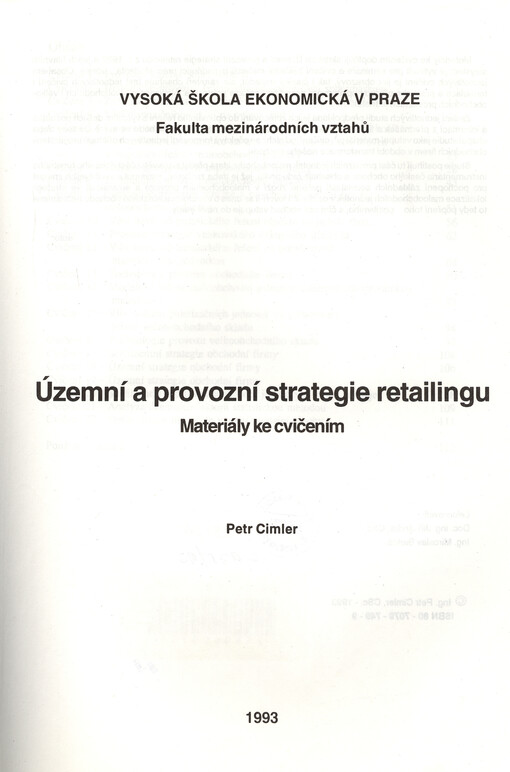 Územní a provozní strategie retailingu : materiály ke cvičením