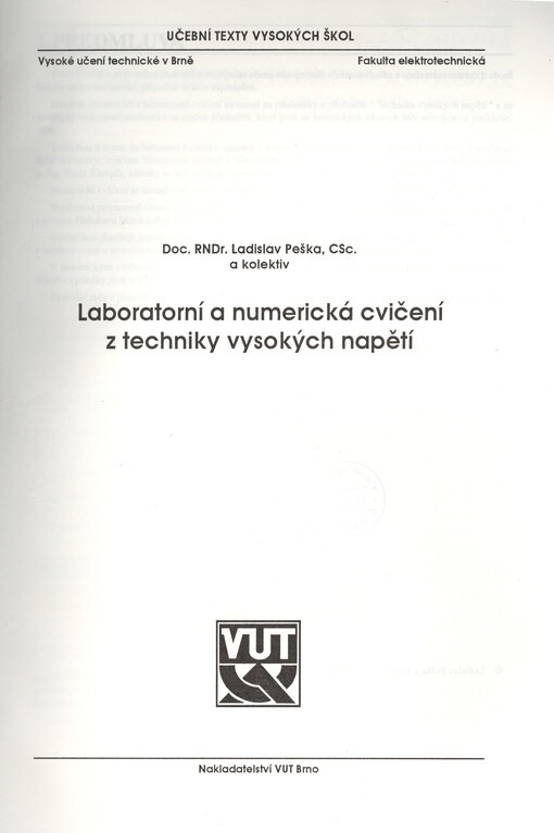 Laboratorní a numerická cvičení z techniky vysokých napětí