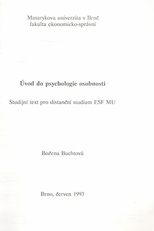 Úvod do psychologie osobnosti : studijní text pro distanční studium ESF MU