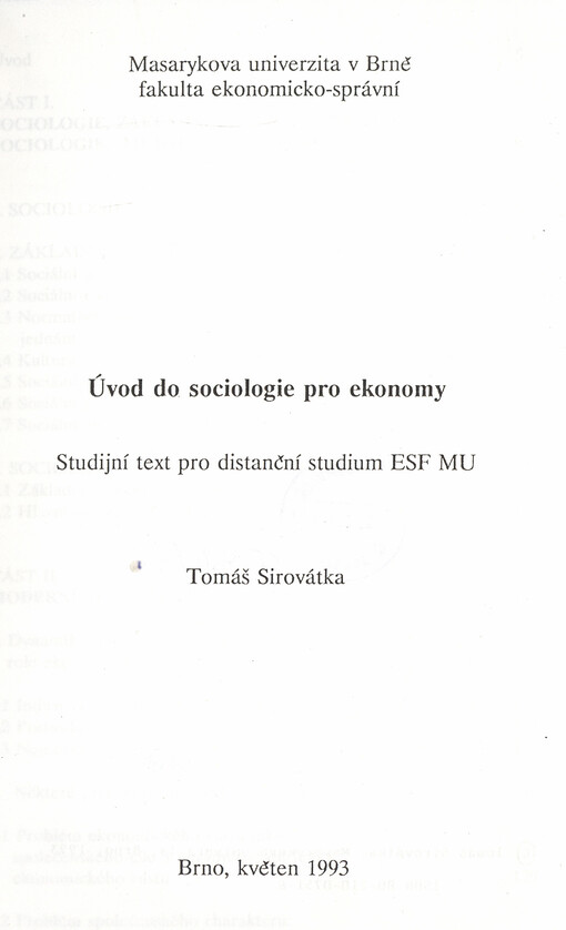 Úvod do sociologie pro ekonomy : studijní text pro distanční studium ESF MU