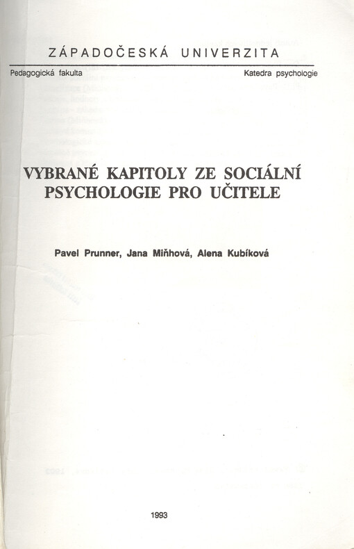 Vybrané kapitoly ze sociální psychologie pro učitele