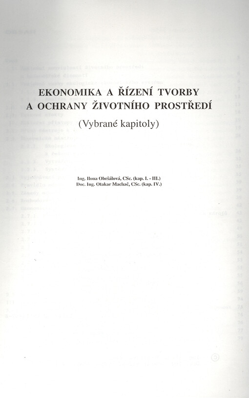 Ekonomika a řízení tvorby a ochrany životního prostředí : (vybrané kapitoly)