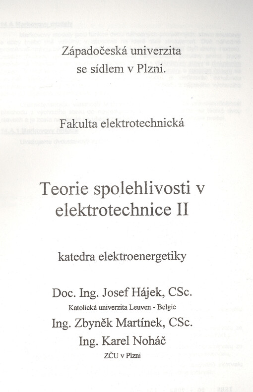 Teorie spolehlivosti v elektrotechnice II.
