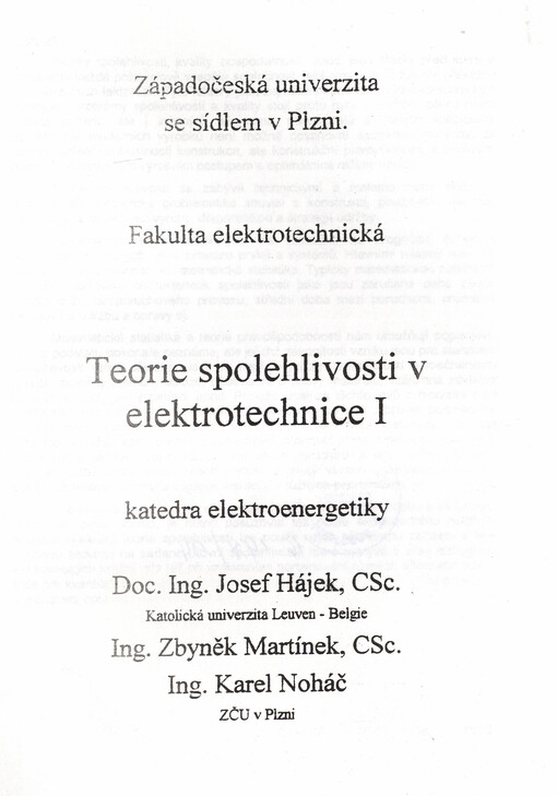 Teorie spolehlivosti v elektrotechnice I.