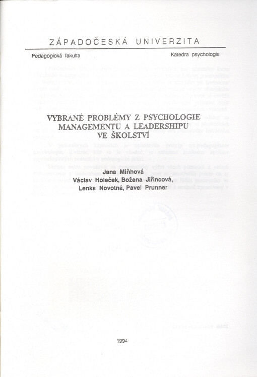 Vybrané problémy z psychologie managementu a leadershipu ve školství