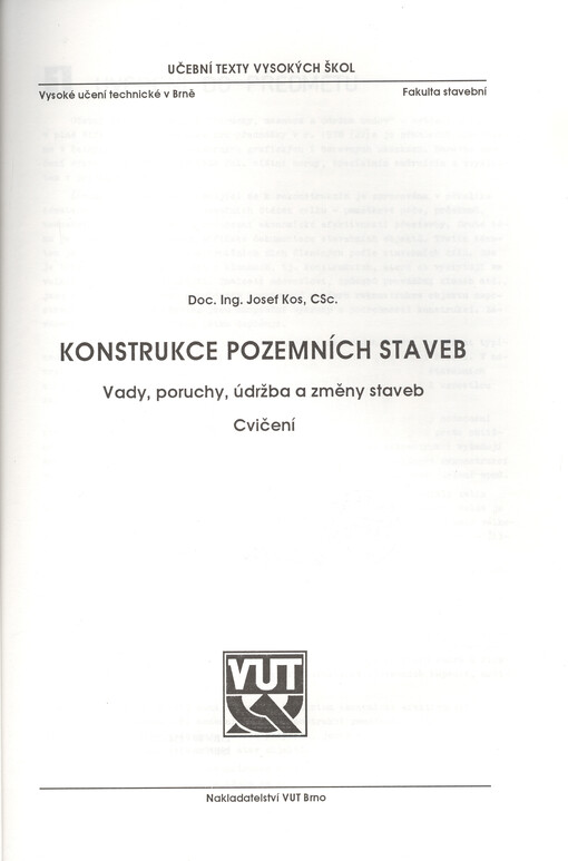 Konstrukce pozemních staveb : vady, poruchy, údržba a změny staveb : cvičení