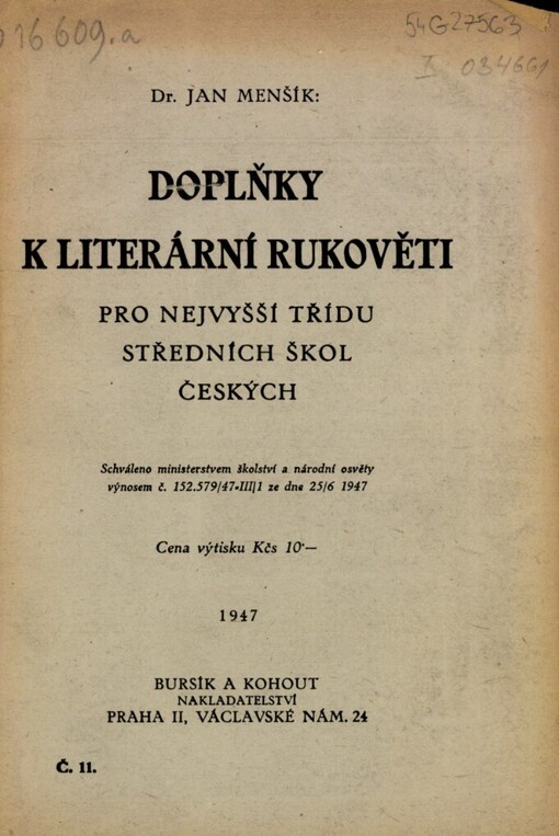 Doplňky k Literární rukověti pro nejvyšší třídu středních škol českých