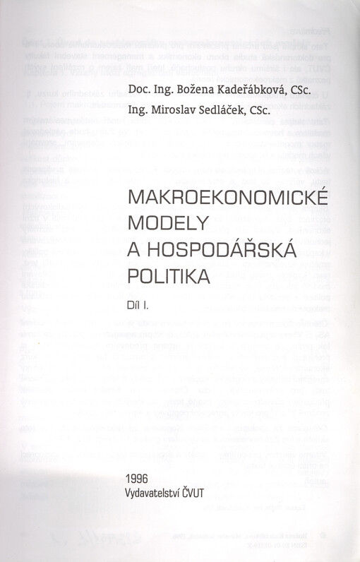 Makroekonomické modely a hospodářská politika. Díl I