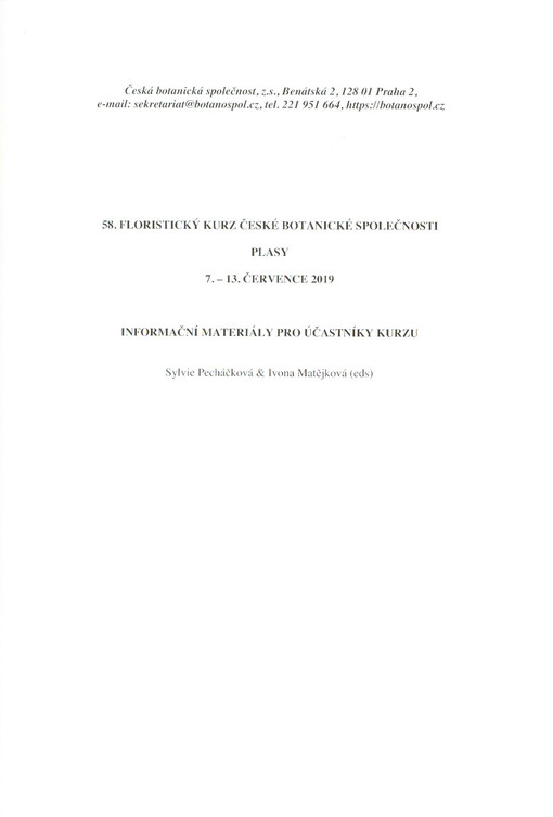 58. floristický kurz České botanické společnosti : Plasy, 7.-13. července 2019 : informační materiály pro účastníky kurzu