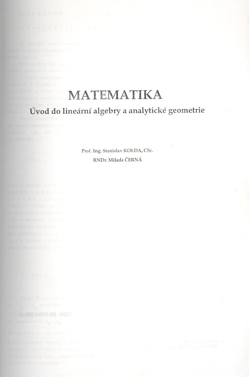 Matematika : úvod do lineární algebry a analytické geometrie