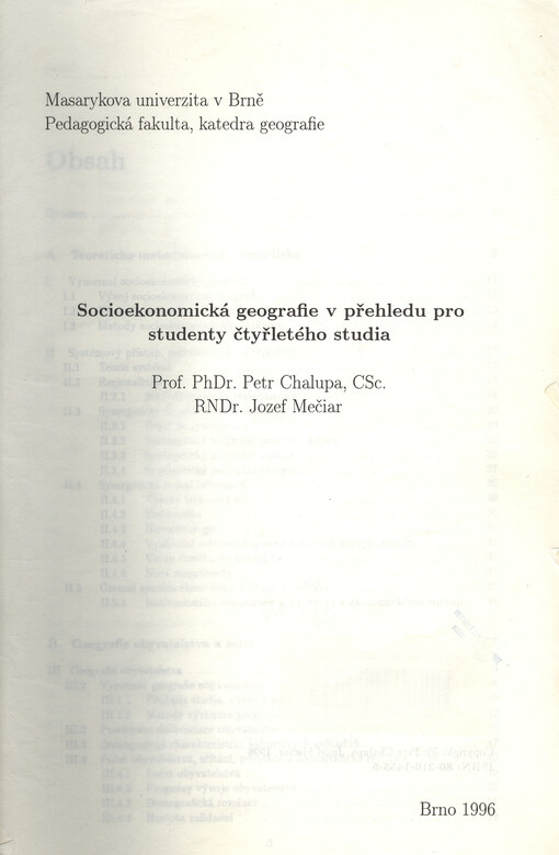 Socioekonomická geografie v přehledu pro studenty čtyřletého studia