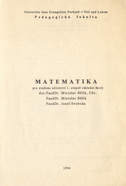 Matematika pro studium učitelství 1. stupně základní školy