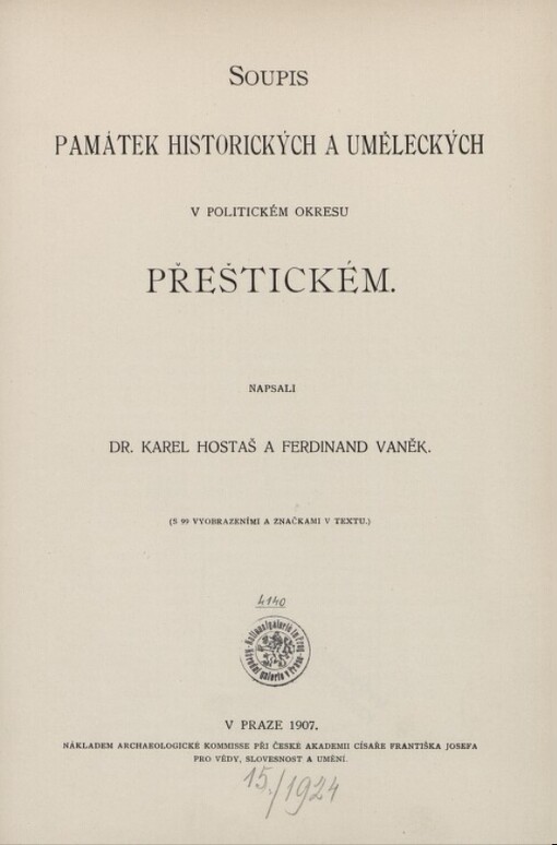 Soupis památek historických a uměleckých v království Českém od pravěku do počátku XIX. století.XXV,Politický okres Přeštický, XXV, Politický okres Přeštický