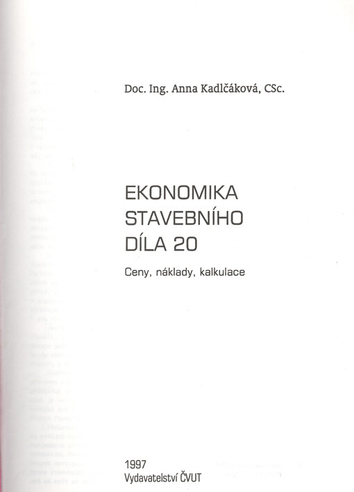 Ekonomika stavebního díla 20 : ceny, náklady, kalkulace