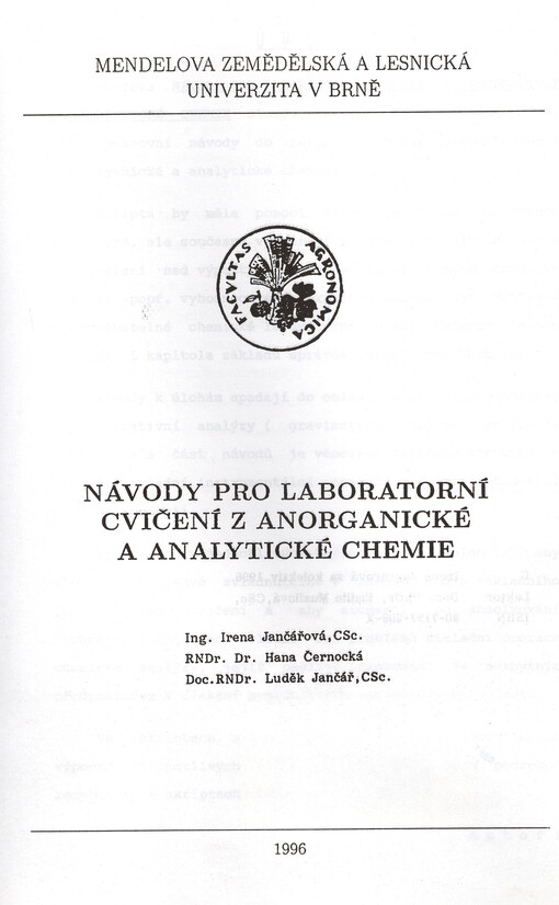 Návody pro laboratorní cvičení z anorganické a analytické chemie