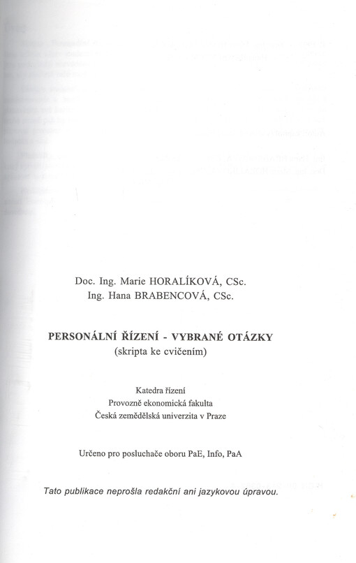 Personální řízení - vybrané otázky : (skripta ke cvičením)