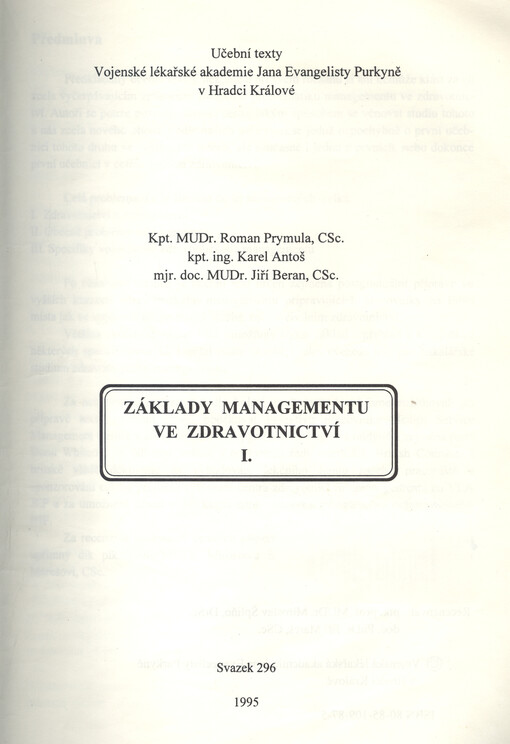 Základy managementu ve zdravotnictví I.