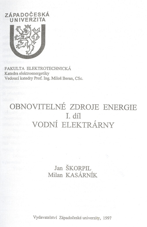 Obnovitelné zdroje energie. I. díl, Vodní elektrárny