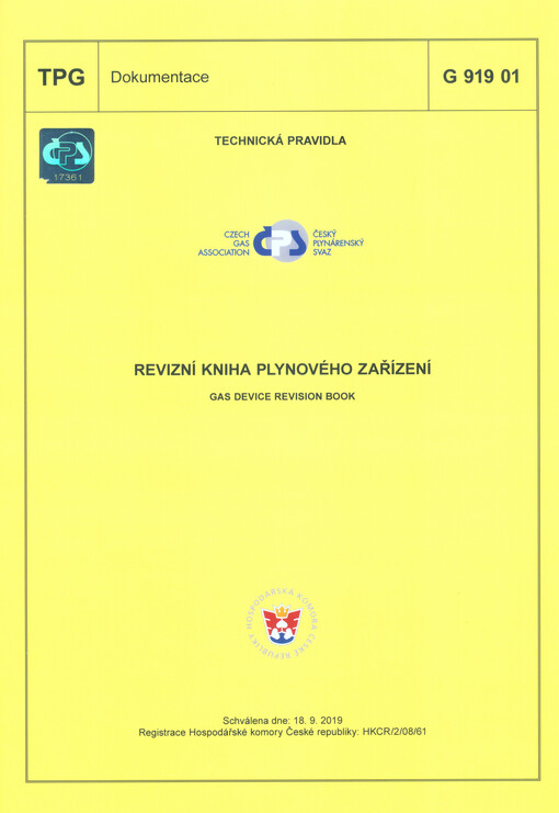 Revizní kniha plynového zařízení = Gas device revision book : TPG G 919 01 : schválena dne: 18.9.2019