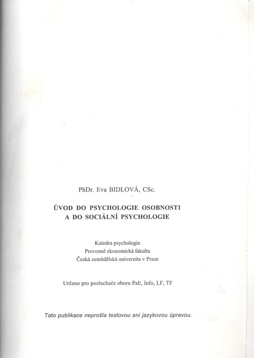 Úvod do psychologie osobnosti a do sociální psychologie