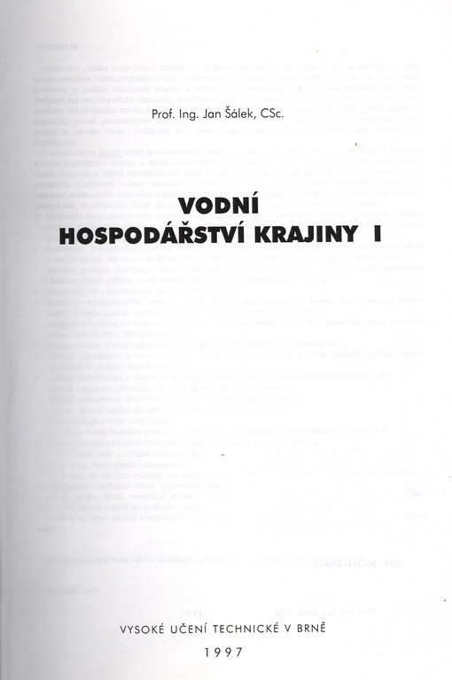 Vodní hospodářství krajiny I