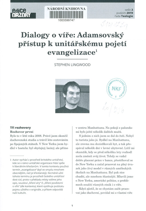 Dialogy o víře: adamsovský přístup k unitářskému pojetí evangelizace