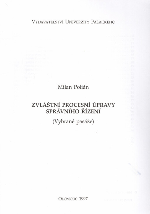Zvláštní procesní úpravy správního řízení : (vybrané pasáže)