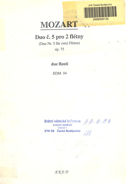 Duo č. 5 pro 2 flétny, op. 75, due flauti Duo Nr. 5 für zwei Flöten, Op. 75, due flauti