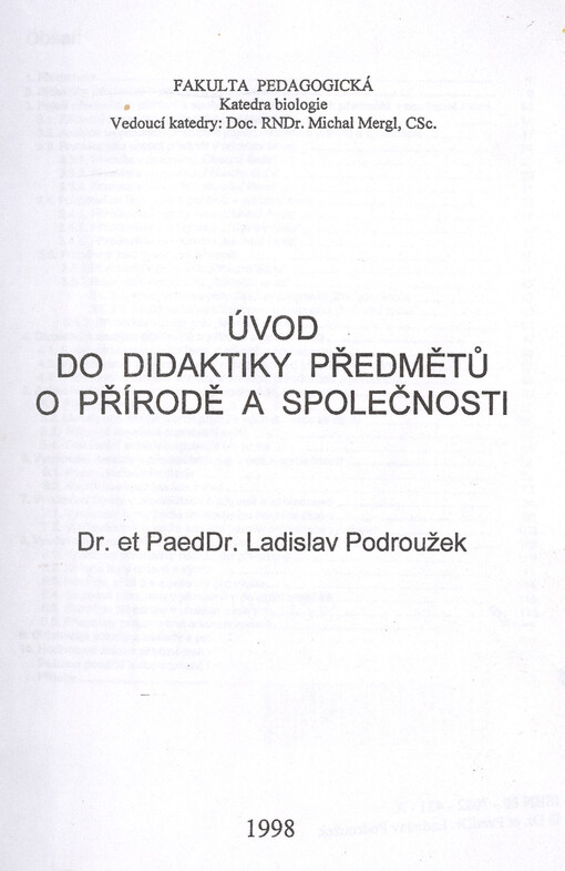 Úvod do didaktiky předmětů o přírodě a společnosti