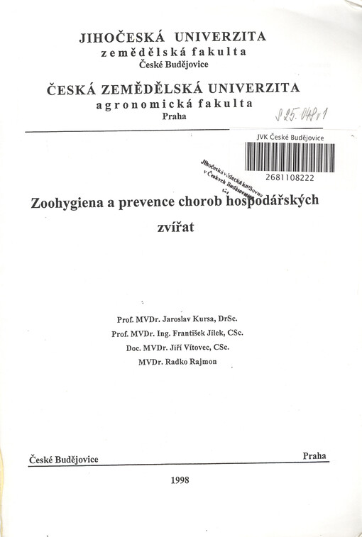 Zoohygiena a prevence chorob hospodářských zvířat