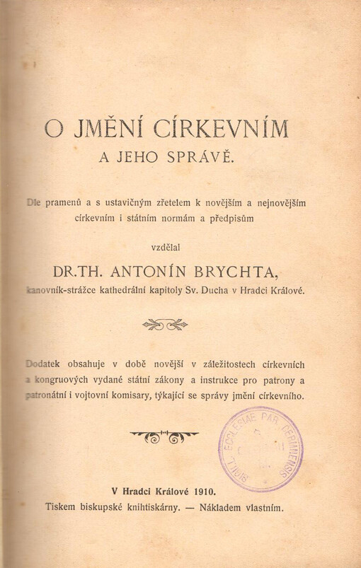 O jmění církevním a jeho správě