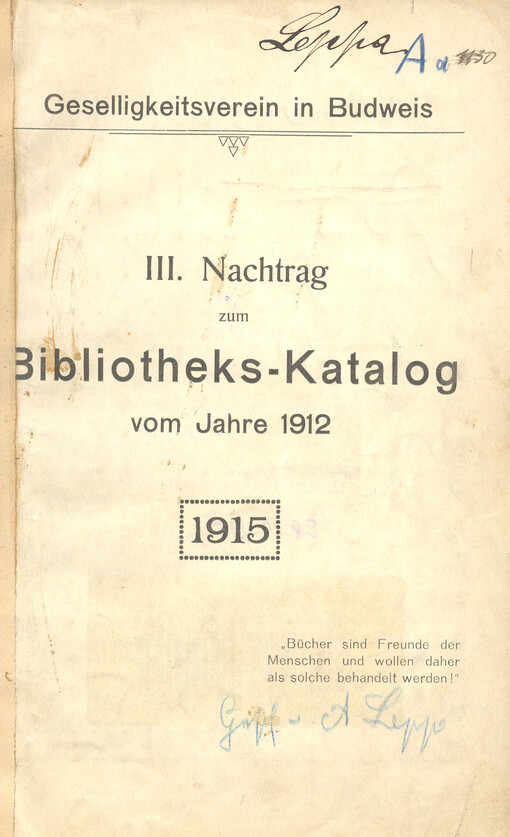 III. Nachtrag zum Bibliotheks-Katalog vom Jahre 1912