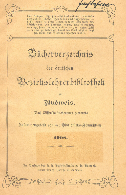 Bücherverzeichnis der deutschen Bezirkslehrerbibliothek in Budweis : (nach Wissenschafts-Gruppen geordnet)