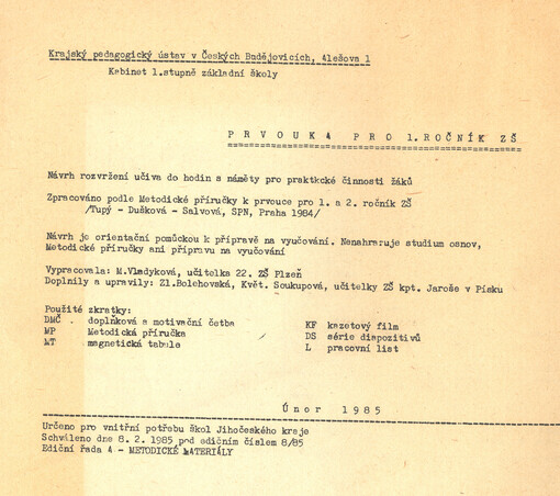 Prvouka pro 1. ročník ZŠ : návrh rozložení učiva do hodin a náměty pro praktické činnosti žáků