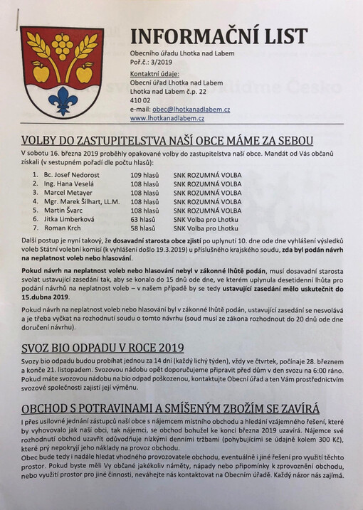 Informační list Obecního úřadu Lhotka nad Labem