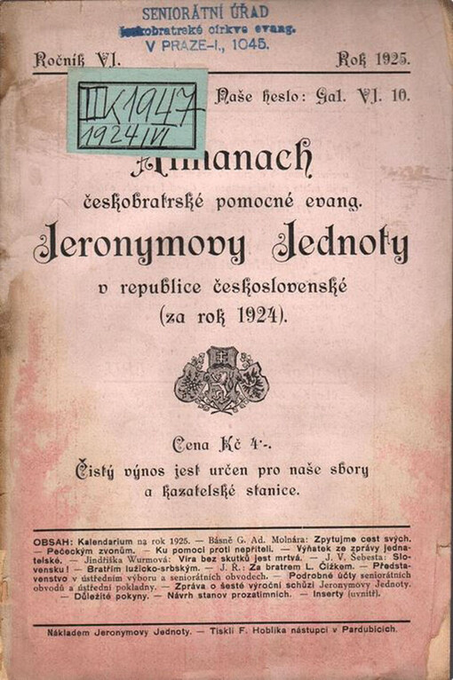 Almanach Jeronymovy jednoty evang. církve bratrské za rok ...