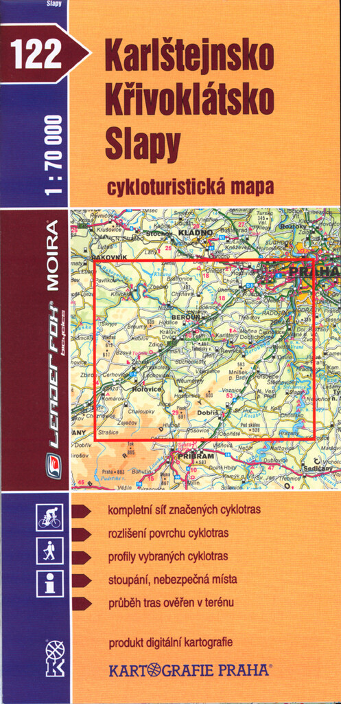 Karlštejnsko, Křivoklátsko, Slapy cykloturistická mapa 1:70 000 : kompletní síť značených cyklotras; rozlišení povrchu cyklotras; profily vybraných cyklotras; stoupání, nebezpečná místa; průběh tras ověřen v terénu : produkt digitální kartografie