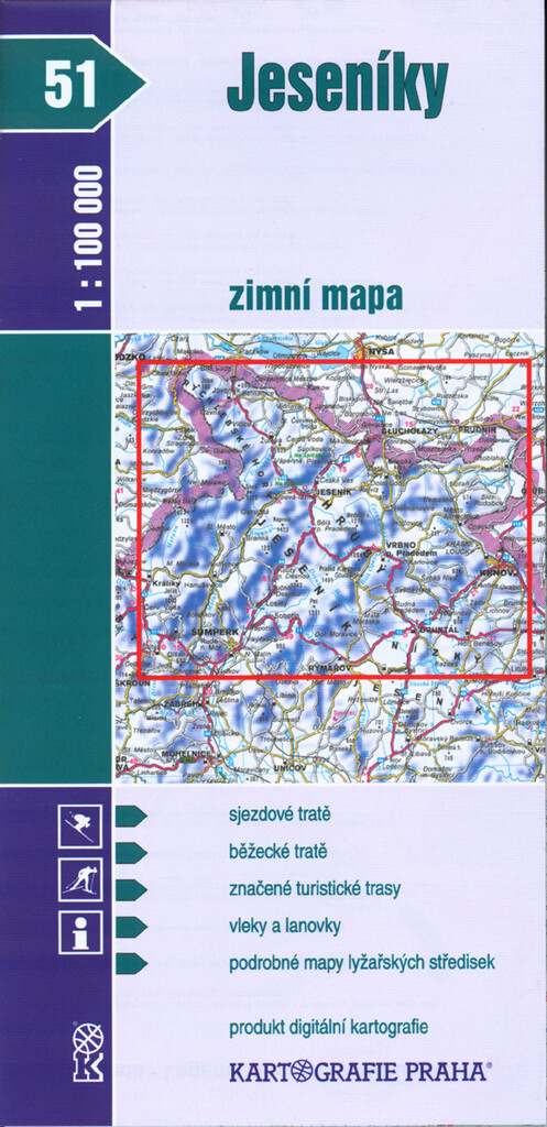 Jeseníky zimní mapa : sjezdové tratě, běžecké tratě, značené turistické trasy, vleky a lanovky podrobné mapy lyžařských středisek; produkt digitální kartografie