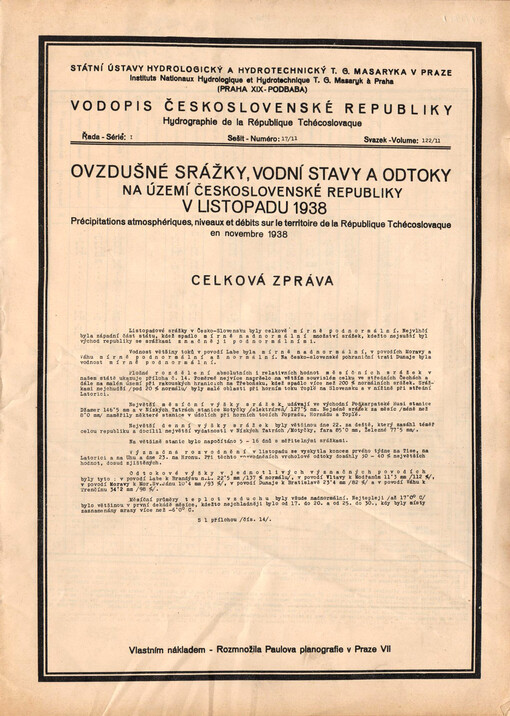 Ovzdušné srážky, vodní stavy a průtoky na území Československé republiky v jednotlivých měsících roku ... = Précipitations, atmosphériques, niveaux et débits sur le territoire de la République Tchécoslovaque dans les divers mois de l'année ...