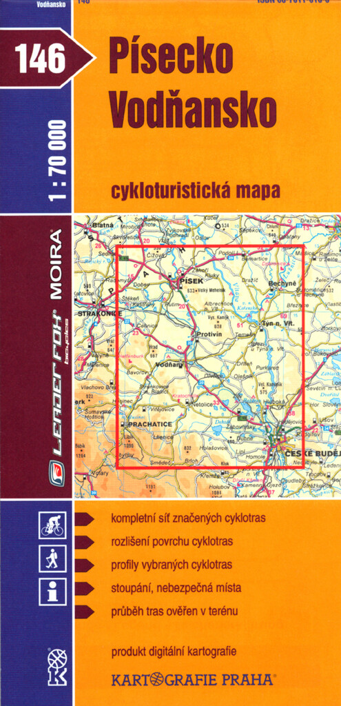 Písecko Vodňansko : cykloturistická mapa 1:70^000 : kompletní síť značených cyklotras : rozlišení povrchu cyklotras: profily vybraných cyklotras: stoupání, nebezpečná místa: průběh tras ověřen v terénu : produkt digitální kartografie