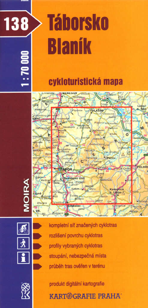 Táborsko Blaník : cykloturistická mapa 1:70^000 : kompletní síť značených cyklotras : rozlišení povrchu cyklotras : profily vybraných cyklotras : stoupání, nebezpečná místa : průběh tras ověřen v terénu : produkt digitální kartografie