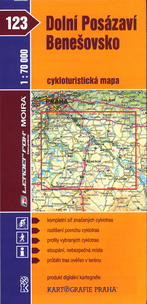 Dolní Posázaví ; Benešovsko : cykloturistická mapa 1:70^000 : kompletní síť značených cyklotras : rozlišení povrchu cyklotras : profily vybraných cyklotras : stoupání, nebezpečná místa : průběh tras ověřen v terénu : produkt digitální kartografie