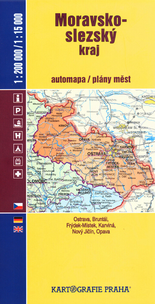 Moravskoslezský kraj automapa 1:200^000 / plány měst 1:15^000 : Ostrava, Bruntál, Frýdek-Místek, Karviná, Nový Jičín, Opava : automapa Moravskoslezského kraje s rejstříkem sídel, plán Ostravy, plány všech okresních měst s rejstříky ulic