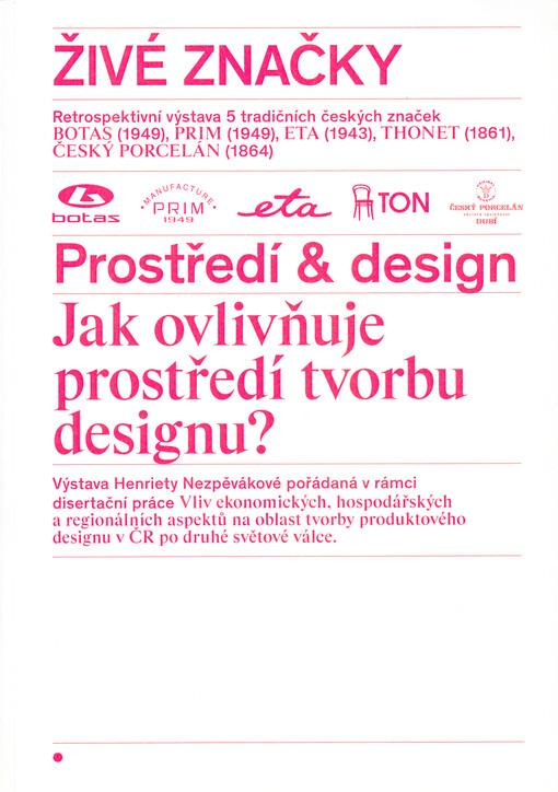 Živé značky : retrospektivní výstava 5 tradičních českých značek : Botas (1949), Prim (1949), Eta (1943), Thonet (1861), Český porcelán (1864)