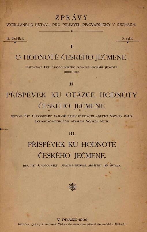 O hodnotě českého ječmene: přednáška Frt. Chodounského o valné hromadě Jednoty roku 1902