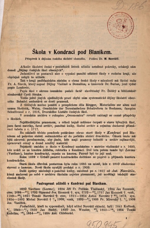 Škola v Kondraci pod Blaníkem: příspěvek k dějinám českého školství obecného